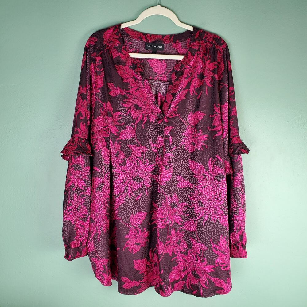 Lane Bryant Women's Burgundy Red Floral Satin Ruffle Sleeve Blouse Size 26/28